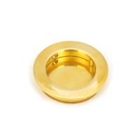 The 60mm Classic Round Flush Pull Handle in Polished Brass shown up close on a White Background