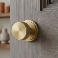 The 63mm Satin Brass "Royale" Art Deco Mortice Rim Knob Set on a Grey Wooden Door in a Modern Home Interior Sitting - Digital Illustration