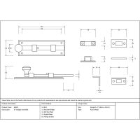 The 6" Satin Stainless Steel Universal Door & Window Bolt Technical Drawings and Dimensions 