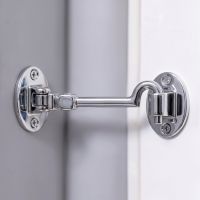The 6 Inch Bright Chrome Cabin Hooks Silent Type Mounted on a Grey Wall to Prop Open a Door - Digital Illustration 