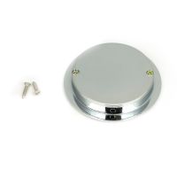 The 75mm Art Deco Round Flush Pull Handle in Polished Chrome Shown from Behind with Supplied Screws on a White Background
