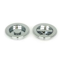 The 75mm Art Deco Round Sliding Pocket Door Privacy Set in Polished Chrome Showing the Front and Rear Section Side by Side