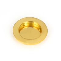 The 75mm Classic Round Flush Pull Handle in Polished Brass shown up close on a White Background
