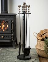The 76cm Nickel & Black Powder Coated Ball Handle Companion Set on a Stone Hearth in a Modern Home - Digital Illustration The 76cm Nickel & Black Powder Coated Ball Handle Companion Set on a Stone Hearth in a Modern Home - Digital Illustration