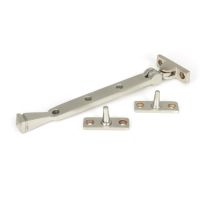 The 8 Inch Valen Casement Window Stay in Satin Stainless Steel Shown with Stay Pins on a White Background