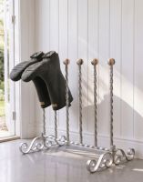 The Adelbury Silver 3 Pair Welly Rack Placed in a Sunny Cottage Porch Entrance - Digital Illustration 