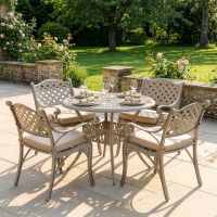 The “Aether” Deluxe 4-Seater Outdoor Dining Set - Smooth Champagne digital illustration dressed table