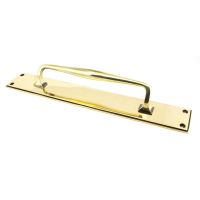 The Aged Brass 425mm Swelled Grip Door Handle with Backplate on a White Background