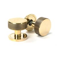 The Aged Brass Knurled Mortice/Rim Knob Set on a Plain Rose Shown Upright and on its Side The Aged Brass Knurled Mortice/Rim Knob Set on a Plain Rose Shown Upright and on its Side