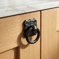The Antique Black Iron Ring Cabinet Pull Handle Mounted on a Wooden Kitchen Cabinet in a Contemporary Home - Digital Illustration
