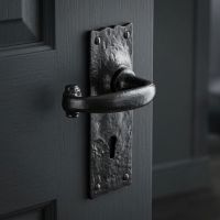 The Antique Black Lever Lock Keyhole Handle on a Navy Blue Door in a Modern Home Interior - Digital Illustration