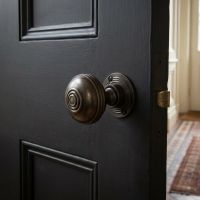 The Antique Bronze Ridged Door Knob Set on a Dark Charcoal Coloured Door in an Entrance Hallway - Digital Illustration The Antique Bronze Ridged Door Knob Set on a Dark Charcoal Coloured Door in an Entrance Hallway - Digital Illustration