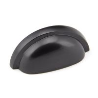 The Art Deco Concealed Cup Drawer Pull in Aged Bronze on a White Background 