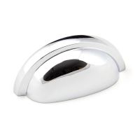 The Art Deco Concealed Cup Drawer Pull in Polished Chrome on a White Background 