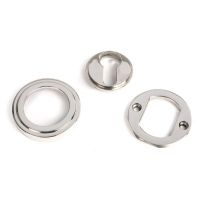 The Art Deco Concealed Euro Keyhole Escutcheon in Polished Stainless Steel Shown with all Components on a White Background