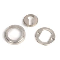 The Art Deco Concealed Euro Keyhole Escutcheon in Satin Stainless Steel Shown with all Components on a White Background