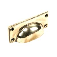 The Art Deco Cup Drawer Pull with Backplate in Aged Brass on a White Background 