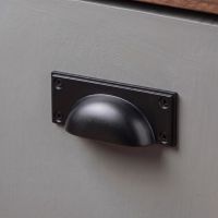The Art Deco Cup Drawer Pull with Backplate in Aged Bronze Attached to a Set of Wooden Kitchen Drawers in a Modern Home - Digital Illustration The Art Deco Cup Drawer Pull with Backplate in Aged Bronze Attached to a Set of Wooden Kitchen Drawers in a Modern Home - Digital Illustration