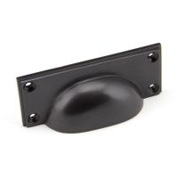 The Art Deco Cup Drawer Pull with Backplate in Aged Bronze on a White Background 