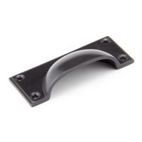 The Art Deco Cup Drawer Pull with Backplate in Aged Bronze Shown on its Side 