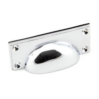 The Art Deco Cup Drawer Pull with Backplate in Polished Chrome on a White Background 