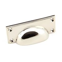 The Art Deco Cup Drawer Pull with Backplate in Polished Nickel on a White Background 