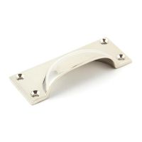 The Art Deco Cup Drawer Pull with Backplate in Polished Nickel Shown on its Side 