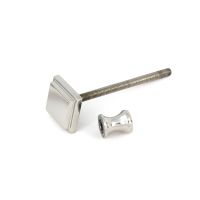 The Art Deco Geometric Loop Door Knocker in Polished Stainless Steel Close up of the Door Stud and Fixing Bolt on a White Background