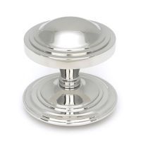 The Art Deco Stepped Rose Center Door Knob in Polished Stainless Steel Shown Upright on a White Background