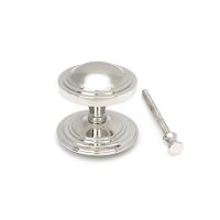 The Art Deco Stepped Rose Center Door Knob in Polished Stainless Steel Shown Upright with Fitting Bolt