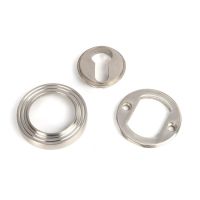 The Beehive Concealed Euro Keyhole Escutcheon in Satin Stainless Steel Shown with all Components on a White Background
