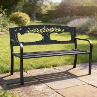 The Bespoke "Tree of Life" Iron & Steel Park Bench in Black in a Sunny Cottage Garden with a Grass Lawn - Digital Illustration The Bespoke "Tree of Life" Iron & Steel Park Bench in Black in a Sunny Cottage Garden with a Grass Lawn - Digital Illustration