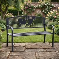 The Bespoke Border Collie Pair Iron & Steel Park Bench in Black on a Garden Patio in a Low walled Garden - Digital Illustration 