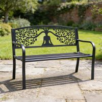 The Bespoke "Eternal Growth" Buddha Iron & Steel Black Park Bench on a Flagstone Patio with a Garden Lawn in the Background - Digital Illustration The Bespoke "Eternal Growth" Buddha Iron & Steel Black Park Bench on a Flagstone Patio with a Garden Lawn in the Background - Digital Illustration