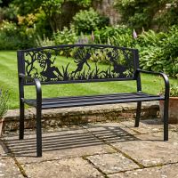 The Bespoke Fairy Trio Iron & Steel Park Bench in Black in a Walled Garden in Front of a Verdant lawn - Digital Illustration The Bespoke Fairy Trio Iron & Steel Park Bench in Black in a Walled Garden in Front of a Verdant lawn - Digital Illustration