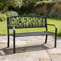 The Bespoke Meadow Iron & Steel Park Bench in Black on a Sunny Garden Patio - Digital Illustration