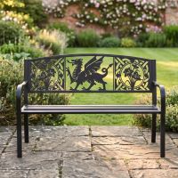 The Bespoke Welsh Dragon Iron & Steel Park Bench in Black in a Decorative Low Walled Garden - Digital Illustration The Bespoke Welsh Dragon Iron & Steel Park Bench in Black in a Decorative Low Walled Garden - Digital Illustration