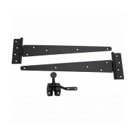 The Black 350mm (14") Door Hardware Kit - Complete Tee Hinges & Auto Latch Pack on a White Background 