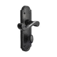 The Black Antique Arched Backplate Bathroom Door Handles - Privacy Scroll Lever Pair on a White Background