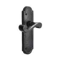 The Black Antique Arched Backplate Door Handles - Rustic Scroll Lever Latch Pair on a White Background