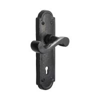 The Black Antique Arched Backplate Lock Handles - Rustic Scroll Keyhole Lever Pair on a White Background