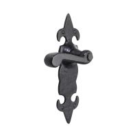 The Black Antique Fleur-de-Lis Door Handles - Large 210mm Scroll Lever Latch Pair on a White Background 