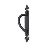 The Black Antique Fleur-de-Lis Left Handed Pull Handle - Large 265mm Cranked Barn Door Grab on a White Background 