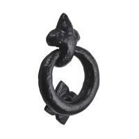 The Black Antique Fleur-de-Lis Ring Door Knocker - 95mm Traditional Entrance Set on a White Background