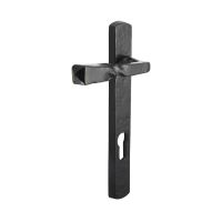 The Black Antique Narrow Slim Backplate Euro Handles - Forged Barley Twist Lever Pair on a White Background