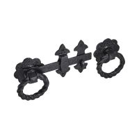 The Black Antique Twisted Ring Gate Latch - 8-Inch Fleur-de-Lis Heavy Duty Fastener on a White Background