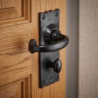 The Black Antique Wide Backplate Bathroom Door Handle on an Oak Door in a Contemporary Home - Digital Illustration 