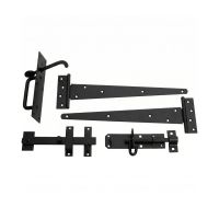 The Black Finish 450mm (18") Door Gate Hardware Kit - Complete Tee Hinges, Suffolk Latch & Lock Bolt Pack on a White Background 