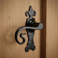 The Black Fleur-de-Lis Monkey Tail Lever Door Handle Mounted on a Pine Door Next to a Matching Door Frame - Digital Illustration
