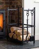 The Black Log Rack & Holder with Fireside Tools with Wood Stacked inside in a Modern White Living Room next to a Stove Heater - Digital Illustration 